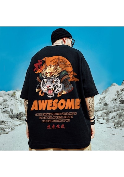 Flood Of Style Erkek Siyah Awesome Baskılı Oversize Biziklet Yaka Tişört