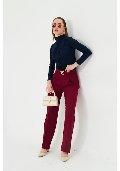 Lovelf Gold Aksesuarlı Bol Paça Pantolon Bordo Bordo