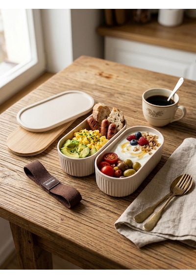Premium Bambu Kapaklı Çift Katlı Lunch Box - Modern Tasarım Kilitli Beslenme Kutusu Ve Saklama Kabı Krem