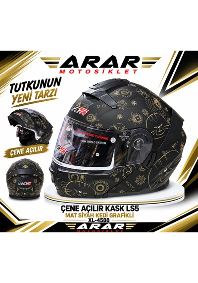 Çene Açılır Kask Ls5 Mat Siyah Kedi Grafikli Xl-4588 Mat Siyah Gold Sarı