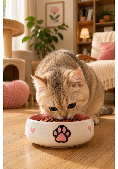 Tekli Seramik Pati Desenli 600 Ml Pembe-mama Kabı Kedi Köpek Mama Su Kabı