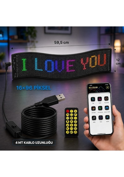 Akıllı Rgb Led Matrix Panel 59 Cm Bluetooth Uygulama Ve Kumanda Kontrollü, Yazı Ve Emoji Göstergesi Diğer