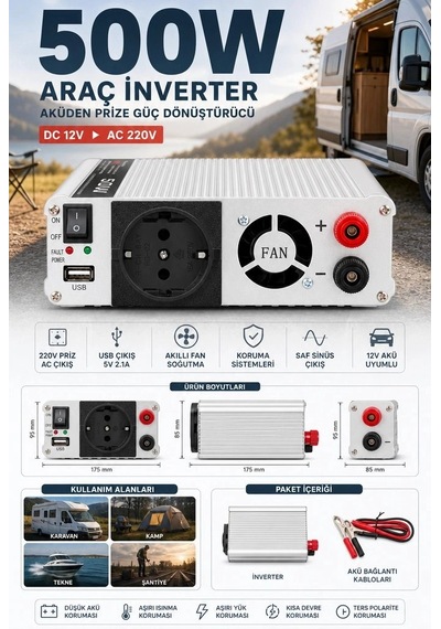 500w Fanlı Akü İnverteri 12v Dc Giriş 220v Ac Çıkış Usb Portlu Taşınabilir Araç Kullanımı