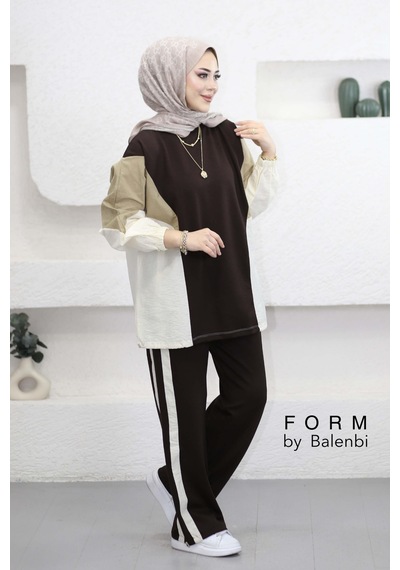 Balenbi Oversize Çift Garni Detaylı Şeritli Modal Tesettür Kadın Takım 1198 - Form Serisi Kahverengi Balenbi Oversize Çift Garni Detaylı Şeritli Modal Tesettür Kadın Takım 1198 - Form Serisi Kahverengi