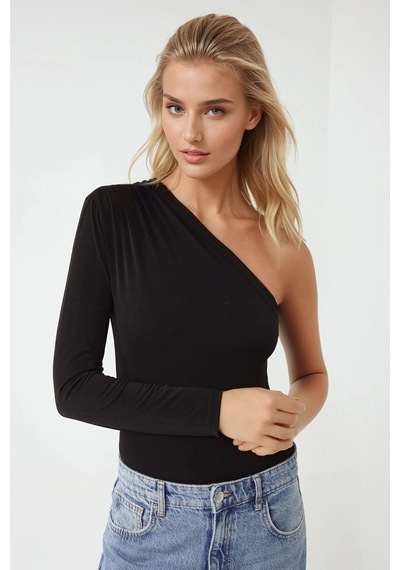 Hiccup Asimetrik Yaka Bodysuit Pika Koleksiyonu Siyah