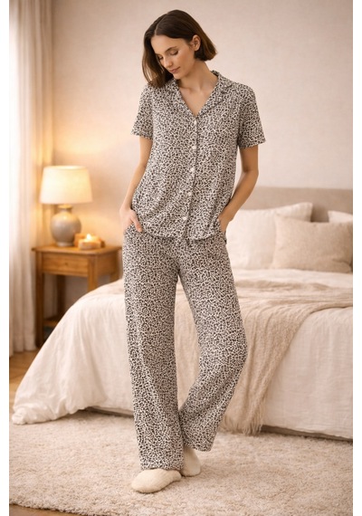 Nisanca Vizon Leopar Desenli Kısa Kollu Yazlık Pijama Takımı Leopar