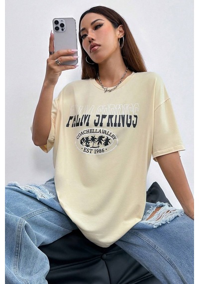 Sırt Baskılı Tasarım Tshirt Bej