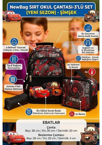 Newbag Şimşek Sırt İlkokul Çantası-3'lü Set