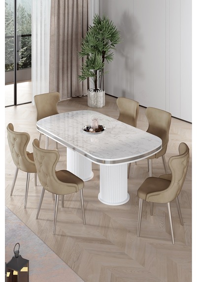 Canisa Galya Serisi Lak Panel 90x168 Sabit Beyaz Mermer Desen Mutfak Masa Takımı 6 Cappucino Sandalye Byz Mermer Desen Masa Cap Sandalye Canisa Galya Serisi Lak Panel 90x168 Sabit Beyaz Mermer Desen Mutfak Masa Takımı 6 Cappucino Sandalye Byz Mermer Desen Masa Cap Sandalye