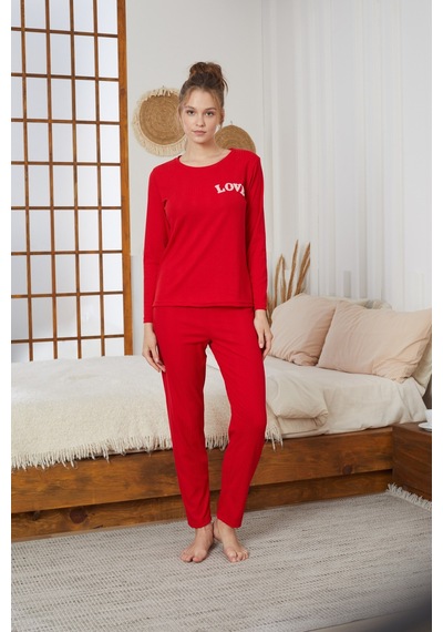 Siyah İnci Love Nakışlı Fitilli Örme Pijama Takım25226001 Kırmızı