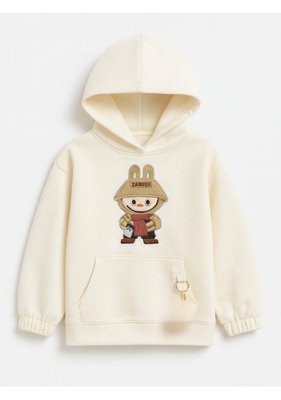 Kız Çocuk Kapüşonlu Karakter Baskılı Anahtarlıklı Sweatshirt-16325 Ekru