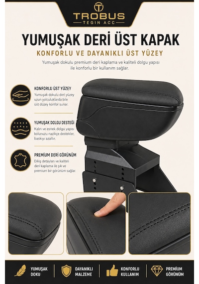 Trobus Ford Focus 3 2011-2018 Uyumlu Siyah Ayaklı Sürgülü Kolçak Ayarlanabilir Yükseklikli