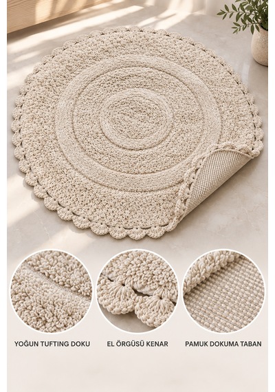 Alanur Bodrum Tufting Cotton Pamuklu El Işi Örgülü 90 X 90 Cm Paspas 110 Bej