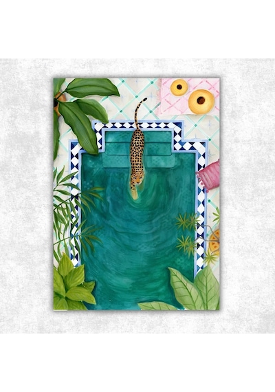 Boho Tarzı Leoparlı Havuz Baş Çerçevesiz Tablo - Lüks Görünümlü Salon Ve Yatak Odası Duvar Posteri