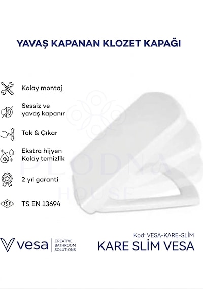 Kare Klozet Kapağı Üstten Sıkmalı Yavaş Kapanan Soft Close Amortisörlü Beyaz