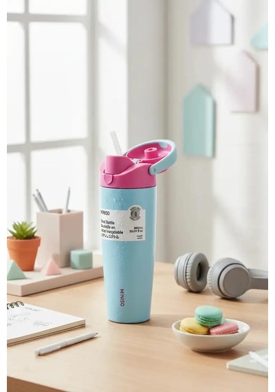 Miniso Lisanslı Pipetli Paslanmaz Çelik Bardak 890 Ml Tutamaklı Çok Renkli