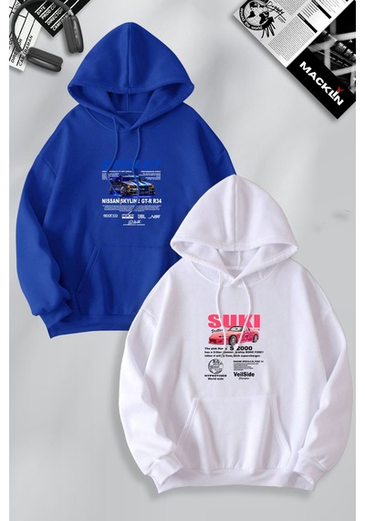 Macklin Sevgili Çift Kombin Hızlı Ve Öfkeli Bullet & Suki Ön Baskılı Kapüşonlu Sweatshirt 2li Set Takım Mavi Beyaz Mck1289 Çok Renkli