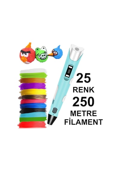 Mavi 3d Kalem Yazıcı+25 Renk 250 Metre 25x10metre Pla Filament