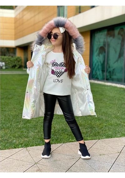 Quzucuk Kids 3 Çınar Kız Çocuk Petrol Beyaz Uzun Şişme Mont Bej