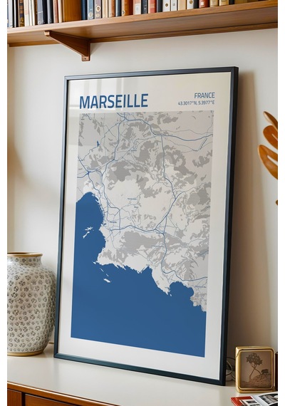 Marsilya Fransa France Haritası Çerçeveli Tablo Lüks Salon Ofis Duvar Dekorasyonu Hediyelik Tablo