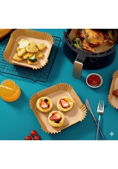 50 Adet Airfryer Pişirme Kağıdı - Kare Tek Kullanımlık Yanmaz Yapışmaz Kağıt - 16 Cm Hava Fritözü Kağıdı