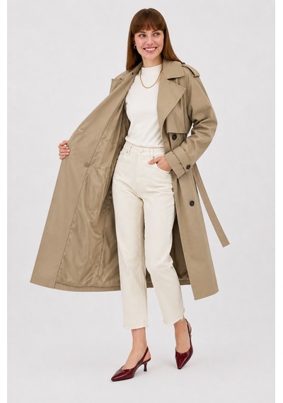 Ressho Kadın Kemerli Uzun Trençkot Su Geçirmez, Astarlı, Oversize Model Koyu Bej
