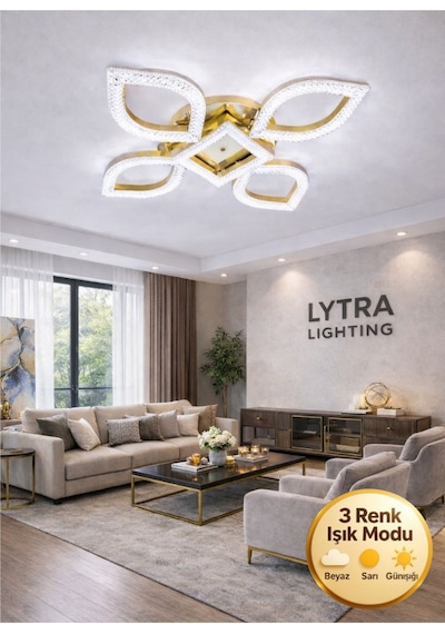 Elysium Model Gold Ledli 3 Renk Modu Kristal Salon Mutfak Yatak Çocuk Odası Avize Altın
