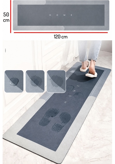 Kauçuk Kaymaz Tabanlı Ultra Emici Banyo Paspası 50x120 Cm Hızlı Kuruyan Paspas Gri