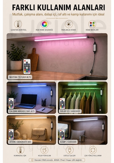 Rf Kumandalı Rgb Led Bar 100 Cm Usb Renk Değiştiren Yapışkanlı Dolap Raf Tezgah Aydınlatma