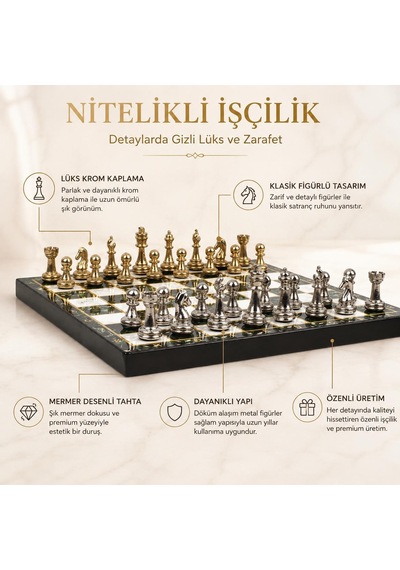 Lüks Metal Satranç Takımı Krom Figürlü 20 X 20 Cm Yeşil Mermer Desenli Dekoratif Özel Hediye Seti