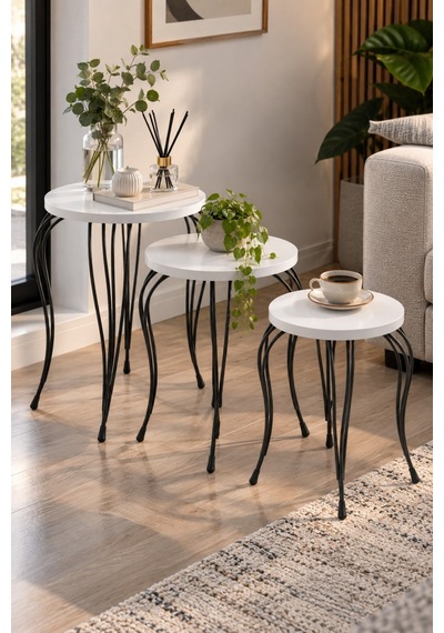 Sulorahome Lükens Metal Ayaklı Beyaz 3'lü Zigon Sehpa Takımı