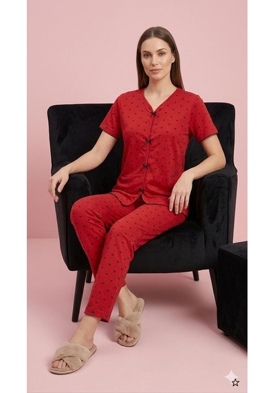 Sleeproom Yazlık Kırmızı Kalp Desenli Kısa Kol Penye %100 Pamuk Pijama Takım Kırmızı Siyah Kalp