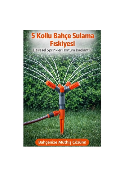 5 Kollu Bahçe Sulama Fıskiyesi, 360 Döner Sprinkler, Plastik, Otomatik Sulama Aparatı, Zemin Çivisi İle Kolay Kur