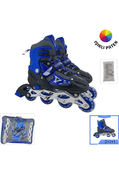 Vr1 - Metal 2+2 Işıklı 3in1 Ayarlanabilir Çocuk Pateni 2+1+1 / 2+2 Silikon Tekerli Uç Korumalı Mavi