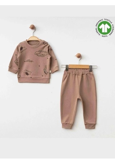 Zekids Erkek Bebek Dinazor Baskılı Organik Eşofman Takım-15481 Kahverengi
