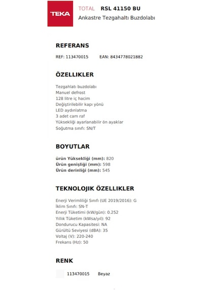 Teka Rsl 41150 Ankastre Tezgah Altı Buzdolabı
