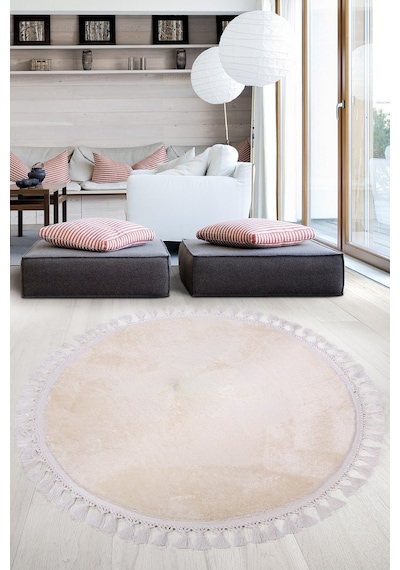 Relax Krem Yuvarlak 100x100 Cm Ponpon Saçaklı Kaymaz Tabanlı Maki Krem