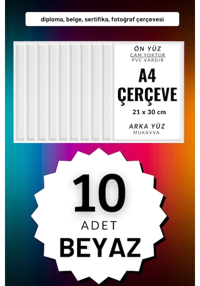 Beyaz-10 Adet A4 Çerçeve Diploma Belge Sertifika Fotoğraf Resim Çerçevesi Pvc 10lu Beyaz