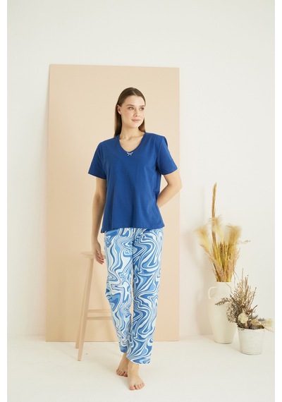 Siyah İnci Pamuklu Bisiklet Yaka Örme Pijama Takım25103233 mavi