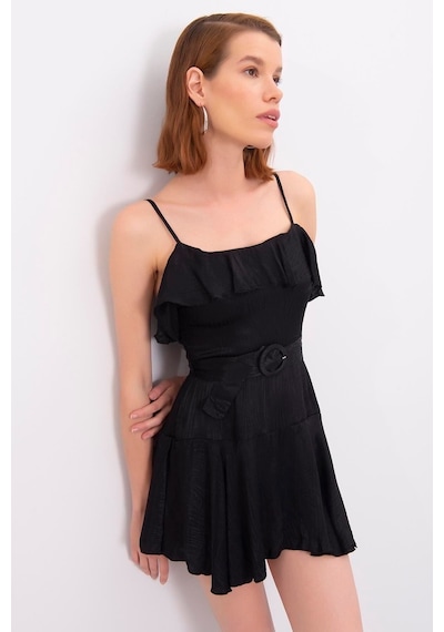 Soft Yumuşak Ince Çizgi Dokulu Fırfırlı Kemerli Astarı Şortlu Yazlık Saten Tulum Mat Siyah Siyah Soft Yumuşak Ince Çizgi Dokulu Fırfırlı Kemerli Astarı Şortlu Yazlık Saten Tulum Mat Siyah Siyah
