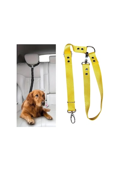 Araç İçi Köpek Emniyet Tasması, Ayarlanabilir Metal Kancalı Sarı