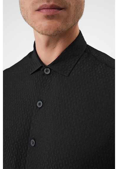 Efor Slim Fit Gofre Kumaş Desenli Kısa Kol Siyah Gömlek G 1592 Siyah