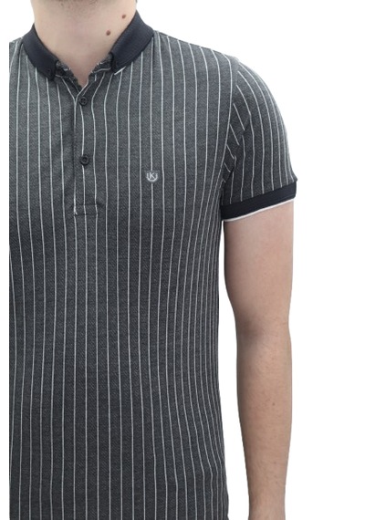 Santa Dmctekstil Erkek Kavis-108 Çizgili Spor Kesim Dar Kalıp Cepsiz Polo Yaka T-shirt Siyah