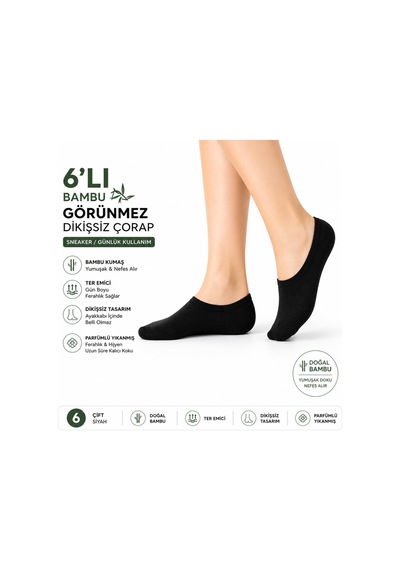 Çorapx Görünmez Sneakers Unisex Bambu Dikişsiz Patik Çorap Siyah 6 Çift