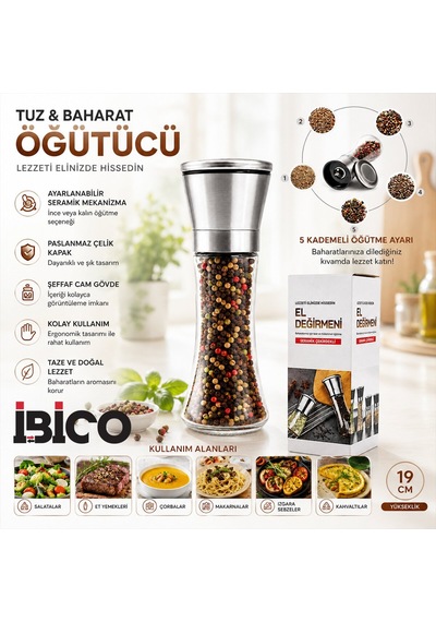 İbico İ22-412 Hand Grinder Tuz Ve Baharat Öğütücü - Büyük Boy Cam Hazneli Krom Kaplama Kapaklı