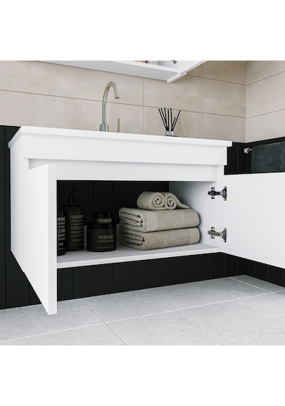 Banos Ld3 Ayaksız 2 Kapaklı Lavabolu Beyaz 85 Cm Banyo Dolabı Beyaz