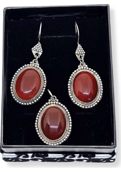 Oya Silver Otantik Büyük Akik Işıltılı Gümüş Set&takım
