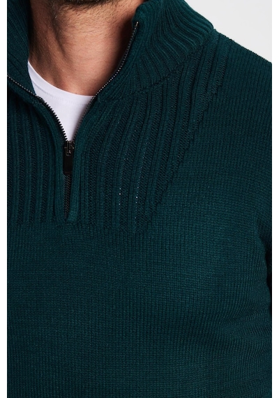 Tudors Erkek Slim Fit Dar Kesim Armürlü Fermuarlı Yeşil Dik Yaka Kazak-31397