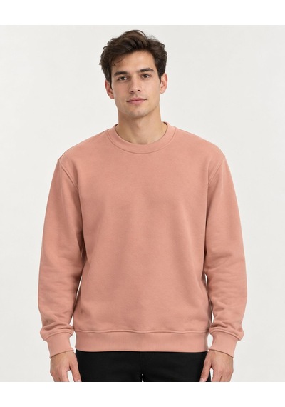 Basic Bisiklet Yaka Relaxed Regular Erkek Sweatshirt - 7773 Pudra