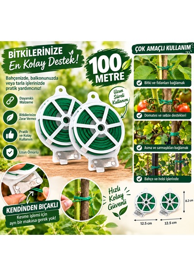 100 Metre Kendiliğinden Kesici Bıçaklı Bitki Saksı Kablo Sabitleme Teli 100 Metre Pratik Sera Malzemesi Çok Amaçlı Sabitleyici